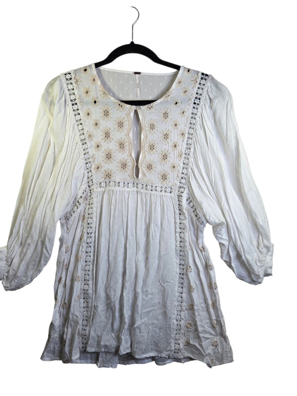Free People Charlotte Embroidered Tunic Top Dress White L/S Sz S Boho Fairy